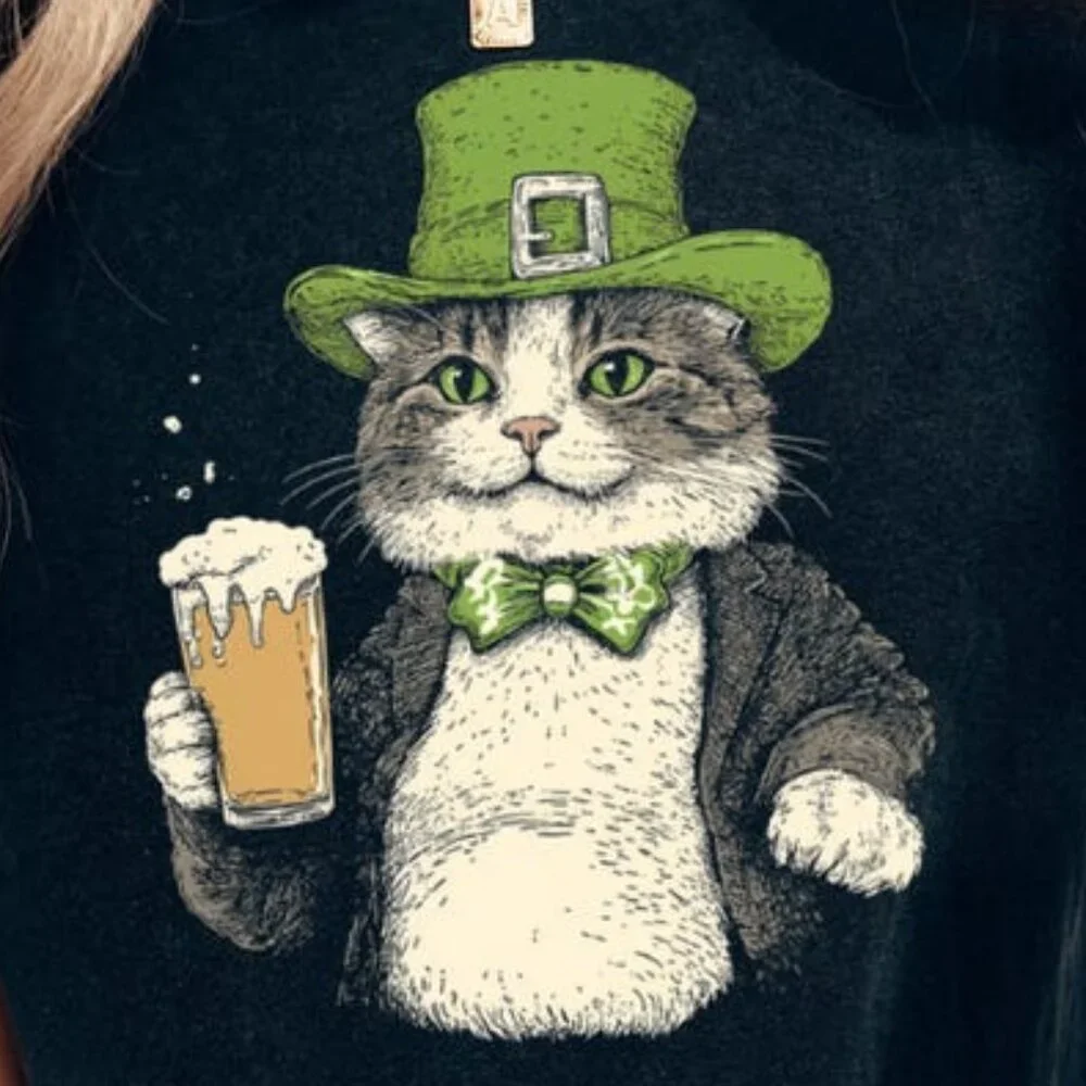 Funny Drunk Irish Cat T-Shirt, Lucky Cat Graphic Tee - Picture 2 of 4